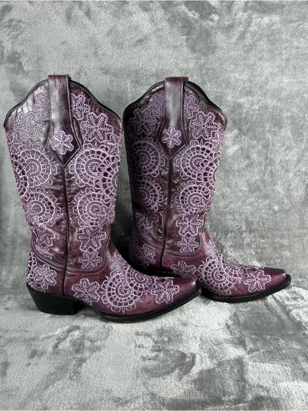 Black Star Medina Western Boots Womens 7 Purple Leather All Over Embroidery